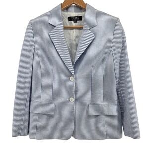 KASPER Blue White Striped Seersucker Blazer Jacket Womens 14 Petite